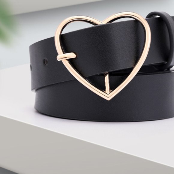 Black Vegan Leather Heart Buckle Belt - Picture 1 of 9